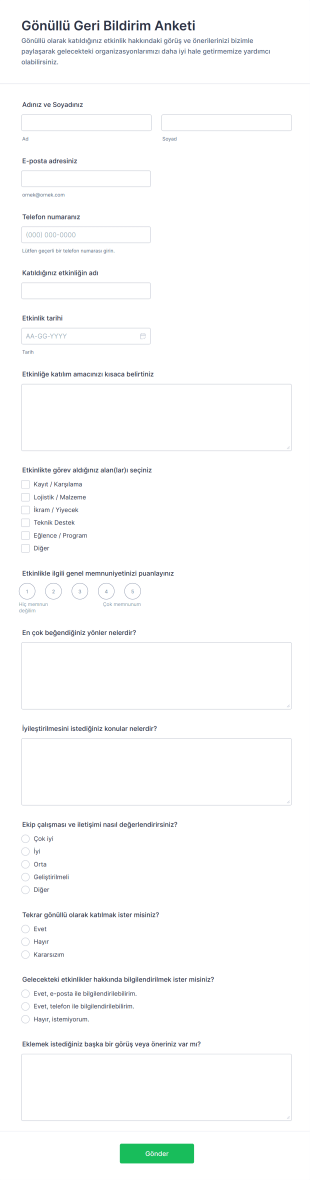 Gönüllü Geri Bildirim Anketi Form Şablonu