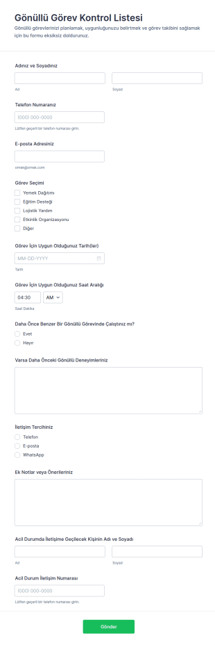 Gönüllü Görev Kontrol Listesi Form Şablonu