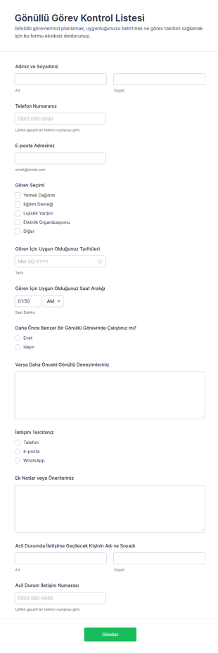 Gönüllü Görev Kontrol Listesi Form Şablonu