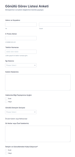 Gönüllü Görev Listesi Anketi Form Şablonu