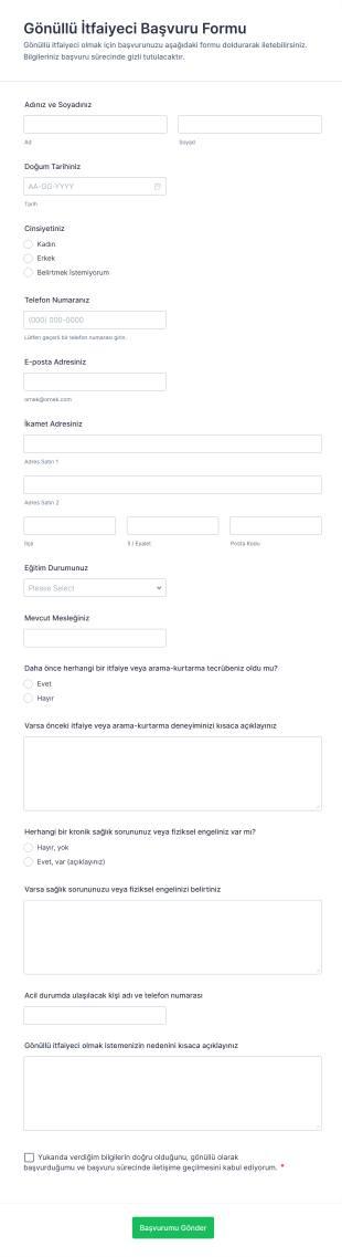 Gönüllü İtfaiyeci Başvuru Form Şablonu