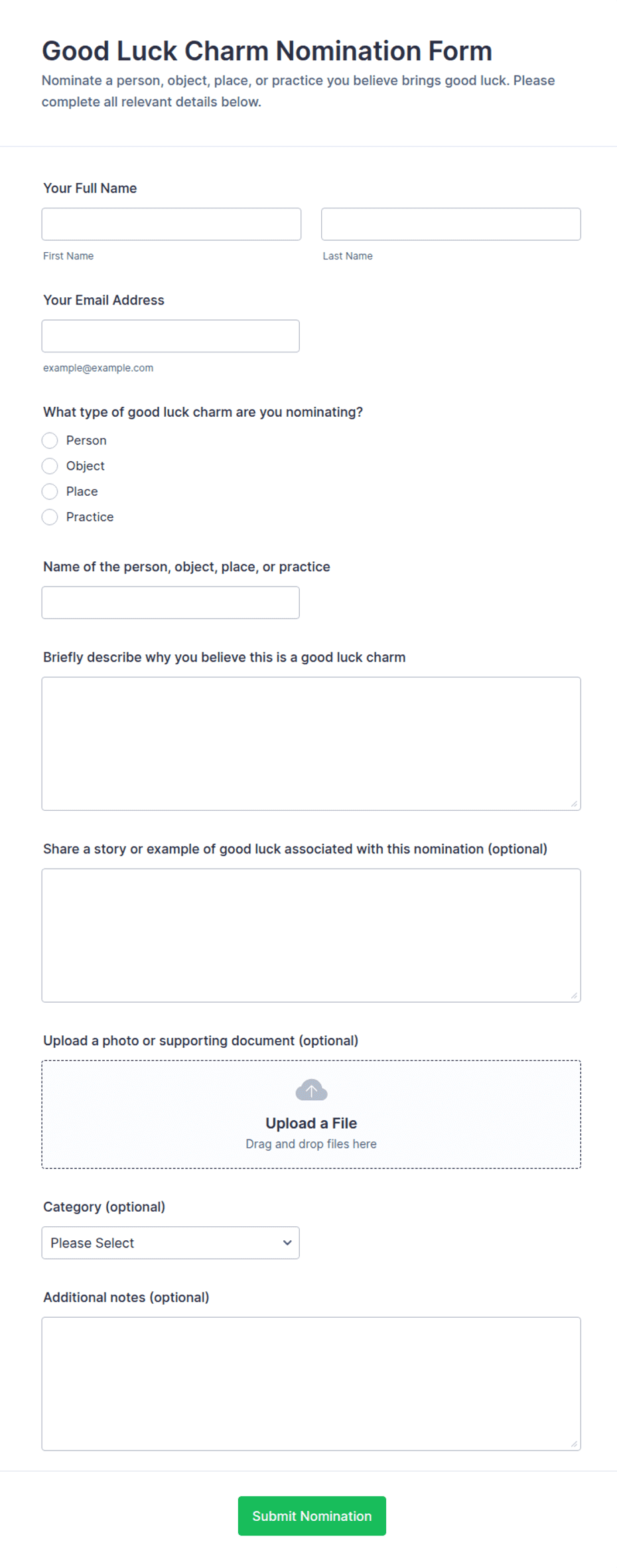 Good Luck Charm Nomination Form Template | Jotform
