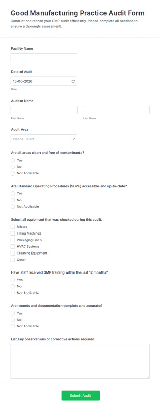 Good Manufacturing Practice Audit Form Template