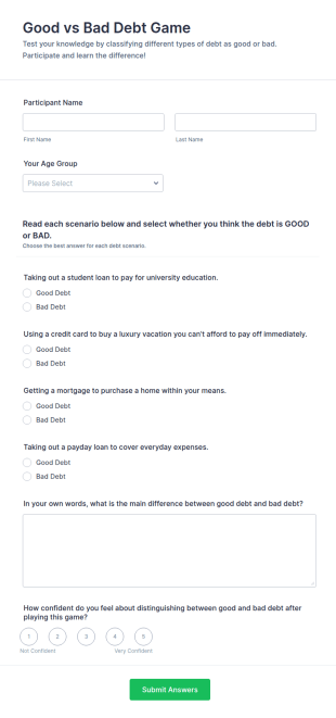 Good Vs Bad Debt Game Form Template