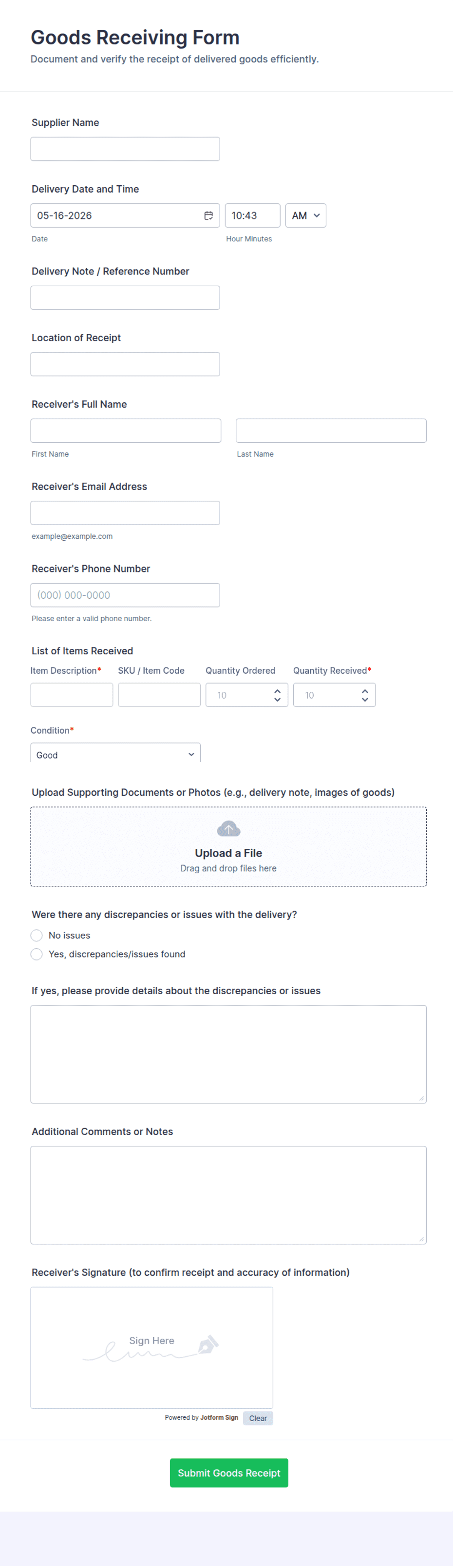 Receiving Form Template.pdf Goods Receiving Form Template | Jotform