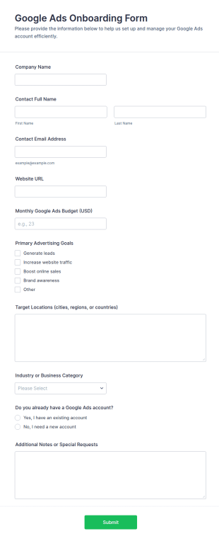 Google Ads Onboarding Form Template