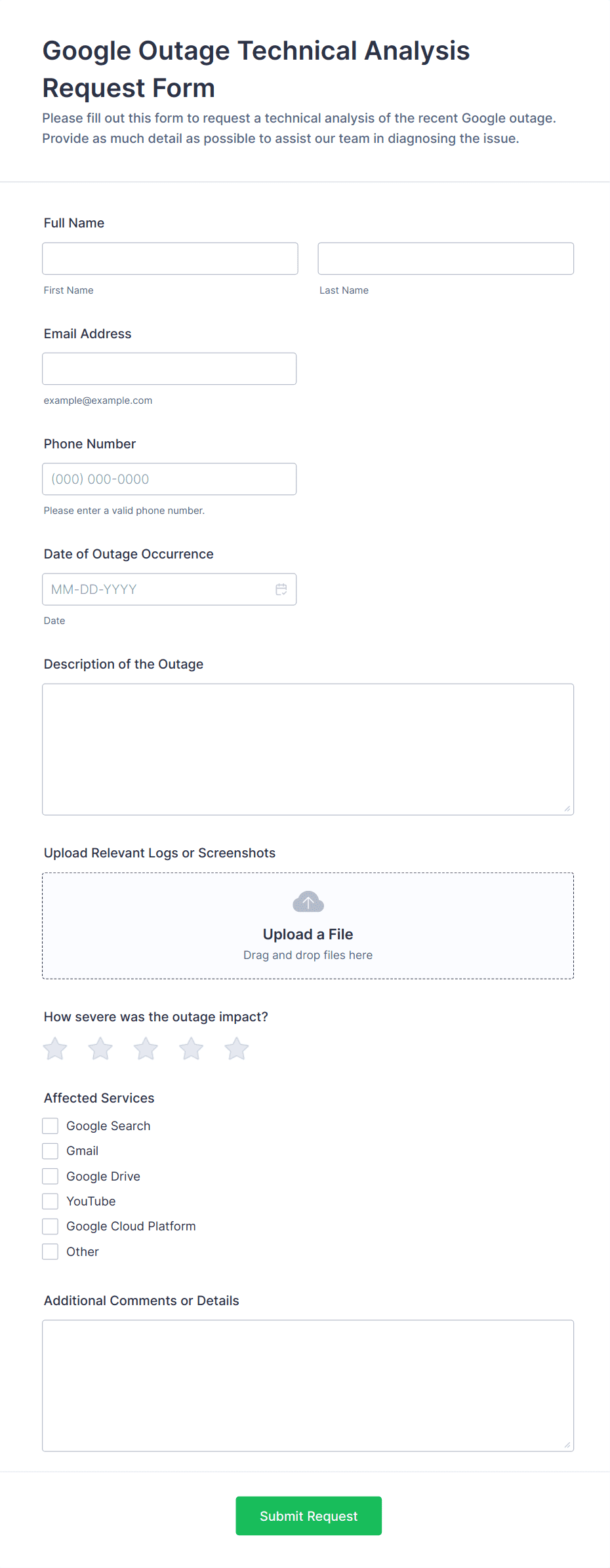 Google Outage Technical Analysis Request Form Template Jotform