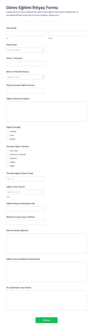 Görev Eğitimi İhtiyaçları Anketi Form Şablonu