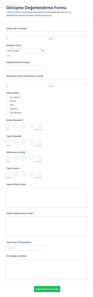 Görüşme Değerlendirme Anketi Form Şablonu