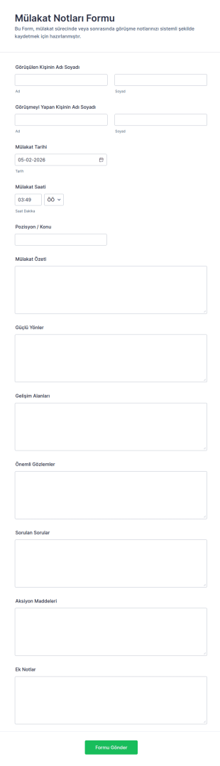 Görüşme Notları Anketi Form Şablonu