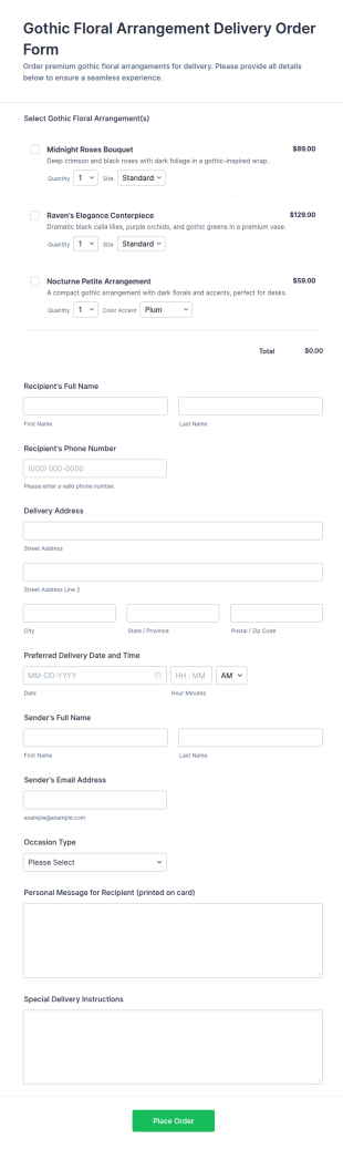 Gothic Floral Arrangement Delivery Order Form Template
