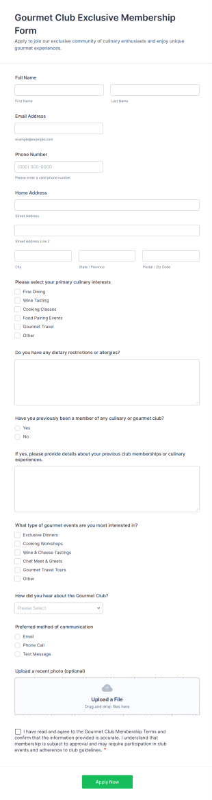 Gourmet Club Exclusive Membership Form Form Template