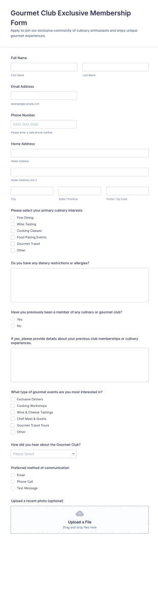 Gourmet Club Exclusive Membership Form Template