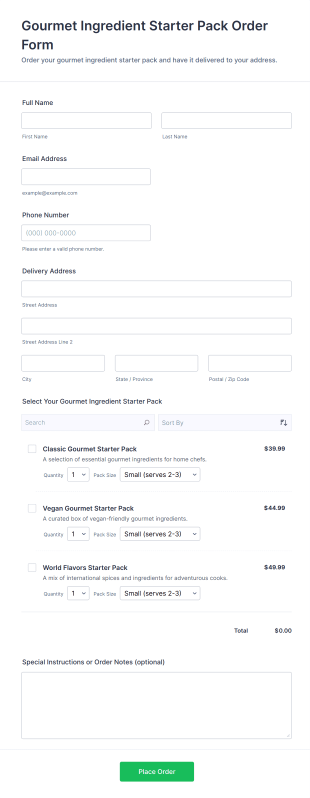 Gourmet Ingredient Starter Pack Order Form Template