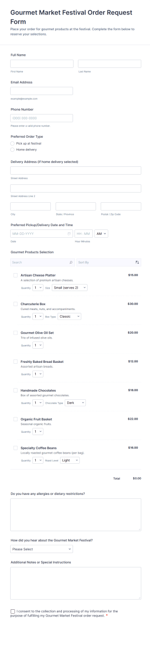Gourmet Market Festival Order Request Form Template