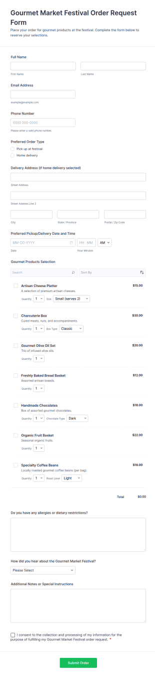 Gourmet Market Festival Order Request Form Template