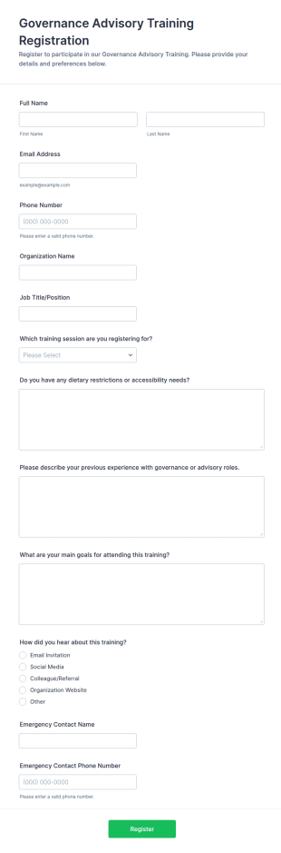 Governance Advisory Training Registration Form Template