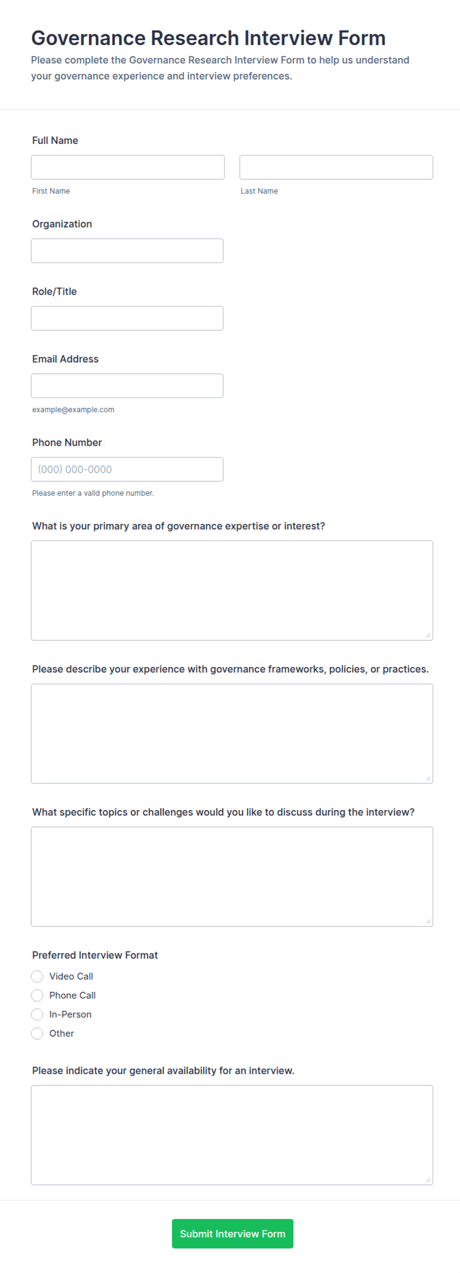 Governance Research Interview Form Template | Jotform