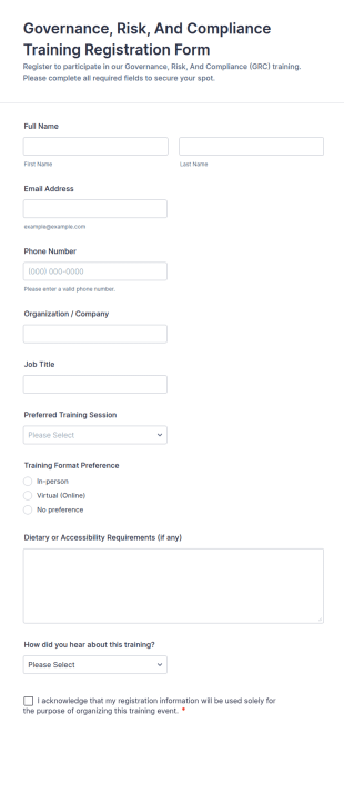 Governance, Risk, And Compliance Training Registration Form Template