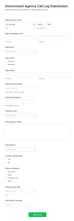 Government Agency Call Log Submission Form Template