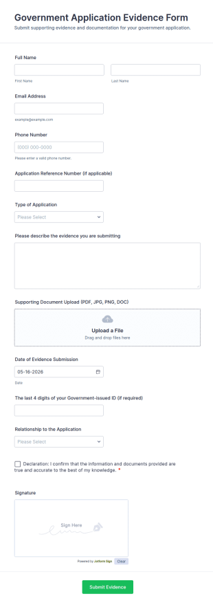 Government Application Evidence Form Template