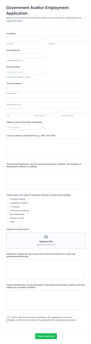 Government Auditor Employment Application Form Template