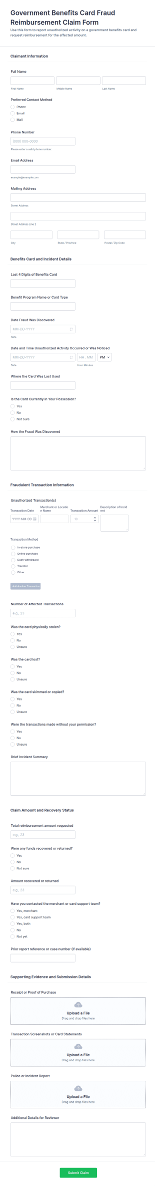 Government Benefits Card Fraud Reimbursement Claim Form Template
