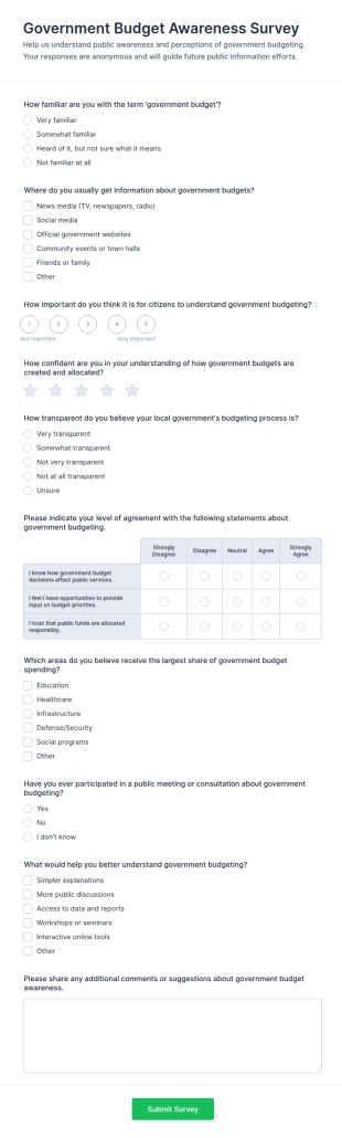 Government Budget Awareness Survey Form Template