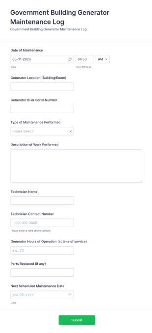 Government Building Generator Maintenance Log Form Template