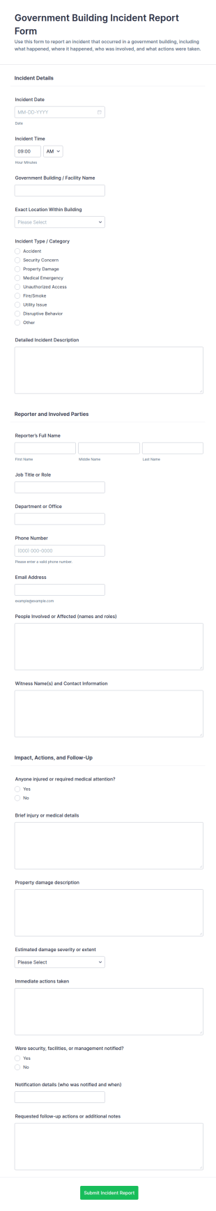 Government Building Incident Report Form Template