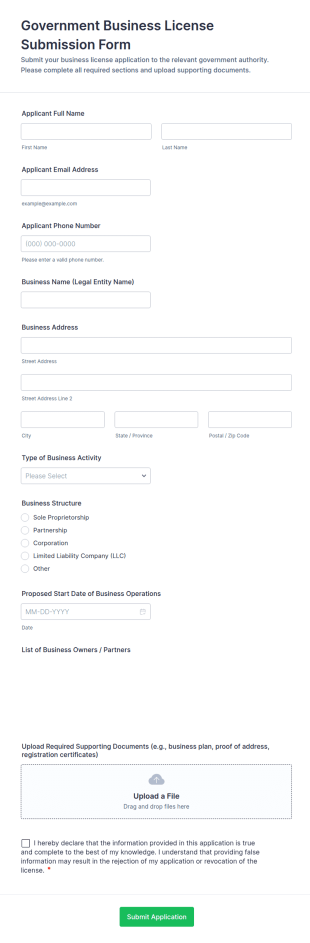 Government Business License Submission Form Template