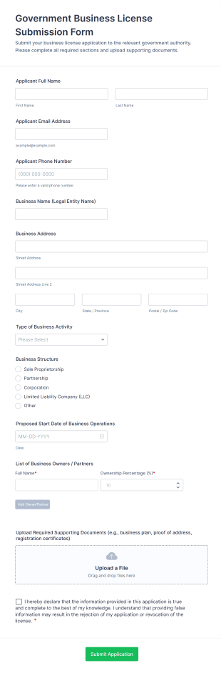 Government Business License Submission Form Template