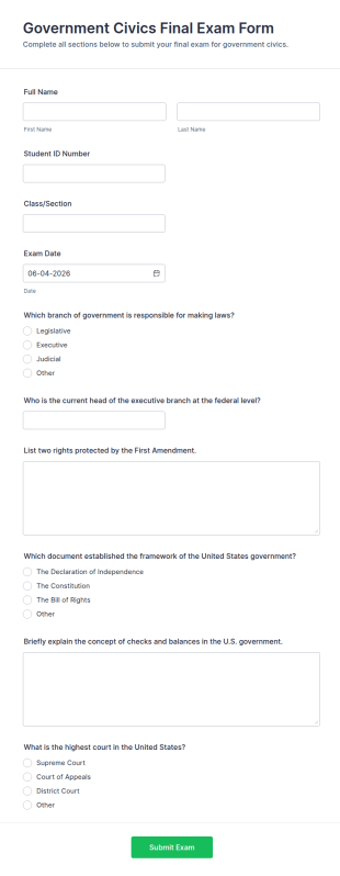 Government Civics Final Exam Form Template