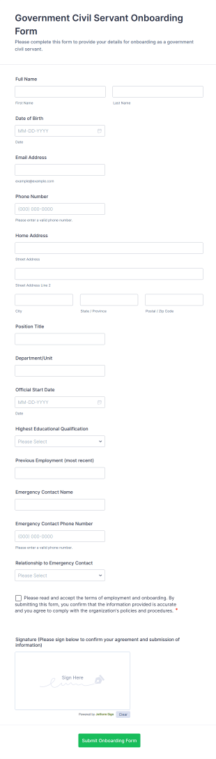 Government Civil Servant Onboarding Form Template