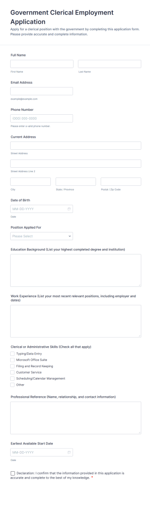 Government Clerical Employment Application Form Template