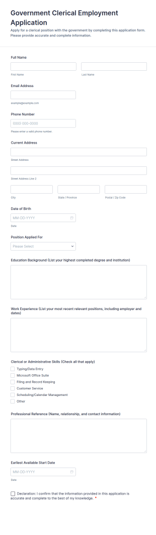 Government Clerical Employment Application Form Template