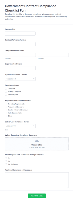 Government Contract Compliance Checklist Form Template