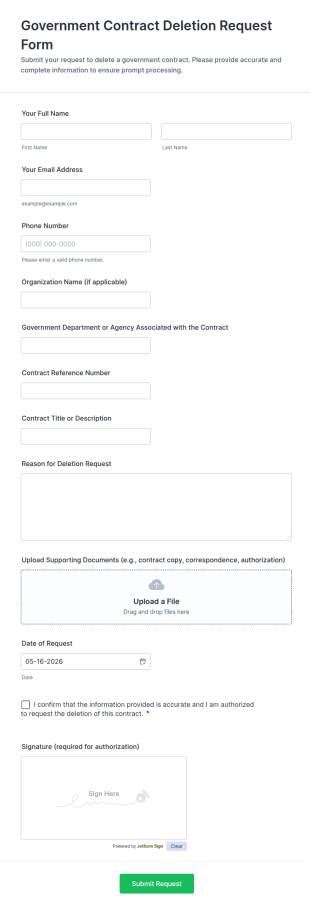 Government Contract Deletion Request Form Template