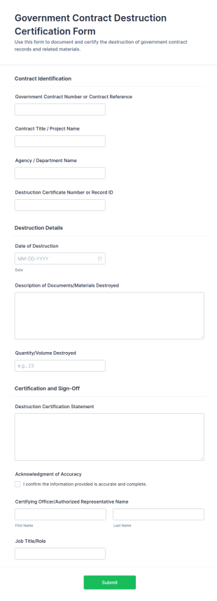 Government Contract Destruction Certification Form Template