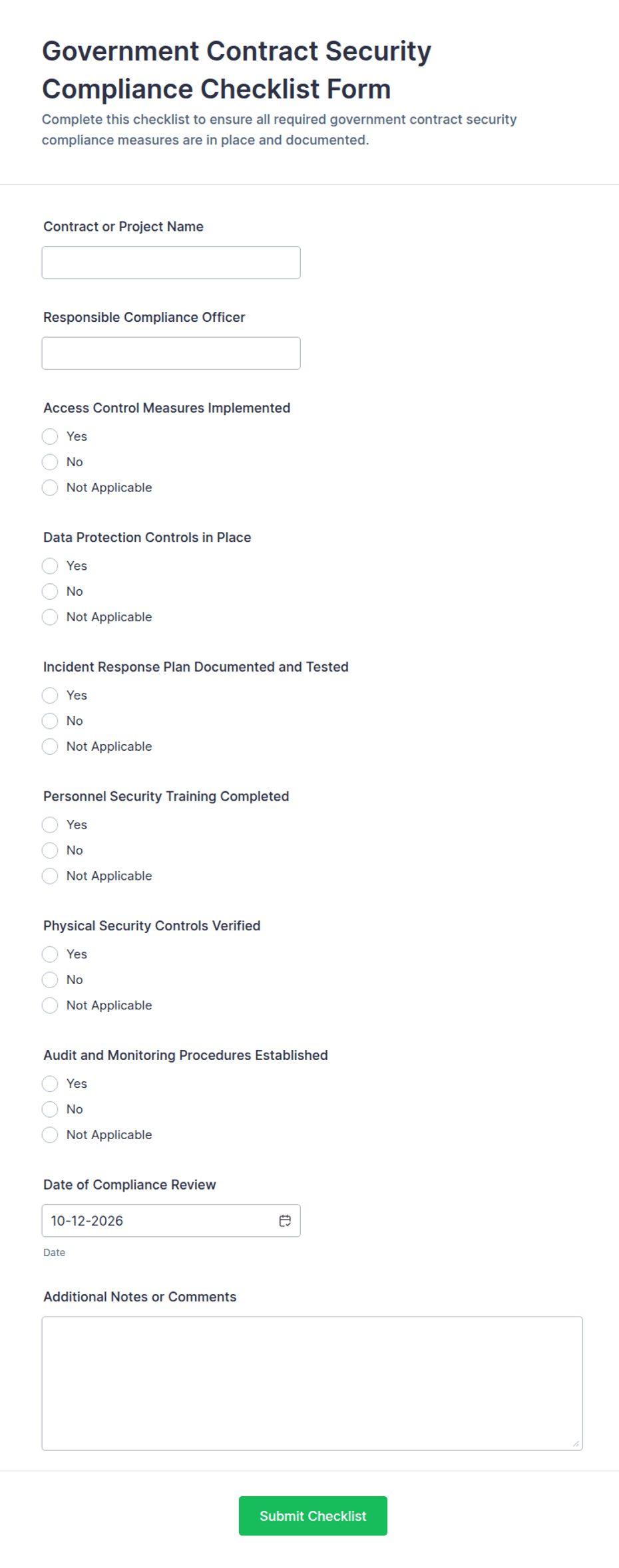 Government Contract Security Compliance Checklist Form Template | Jotform