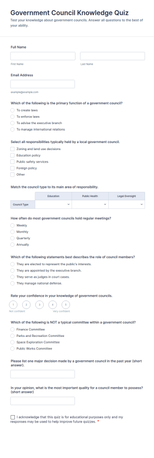 Government Council Knowledge Quiz Form Template