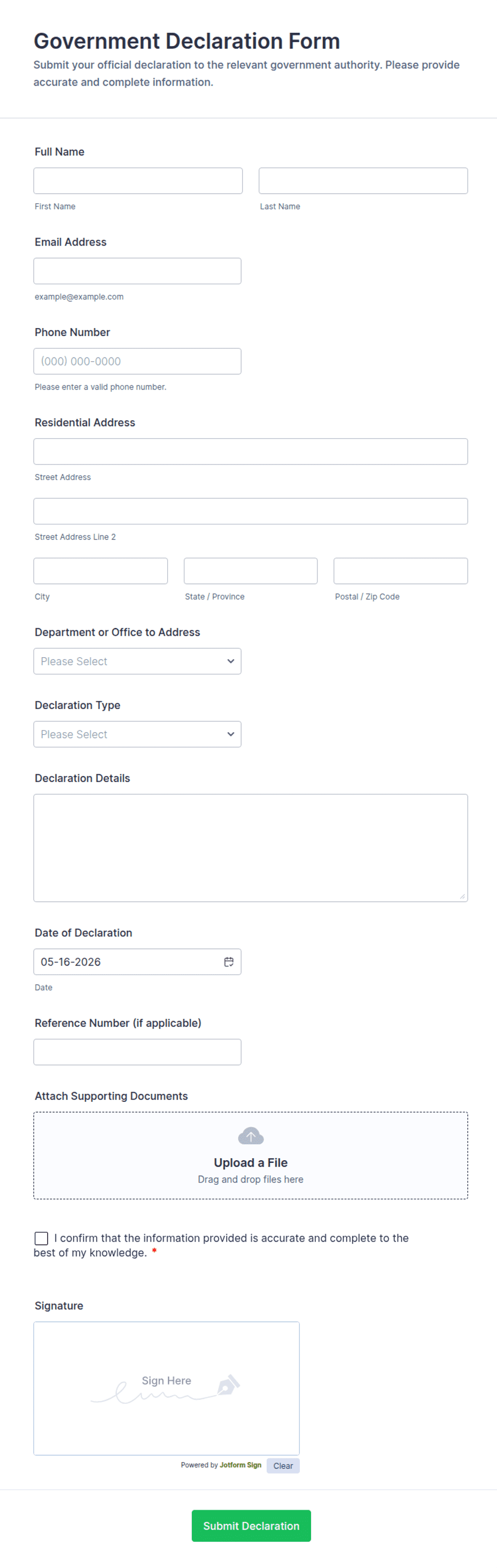 Declarative Form Format Government Declaration Form Template | Jotform
