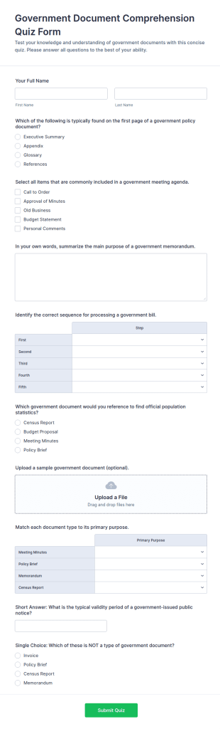 Government Document Comprehension Quiz Form Template