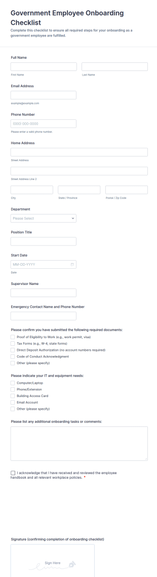 Government Employee Onboarding Checklist Form Template