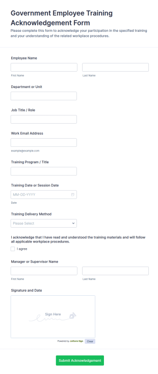 Government Employee Training Acknowledgement Form Template