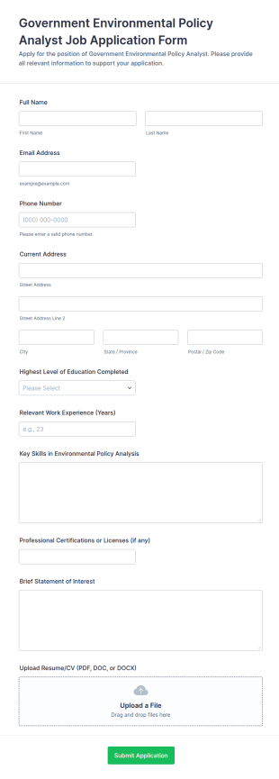 Government Environmental Policy Analyst Job Application Form Template