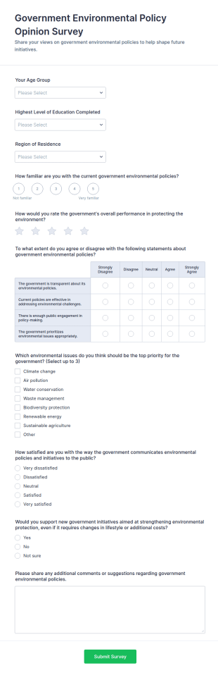Government Environmental Policy Opinion Survey Form Template