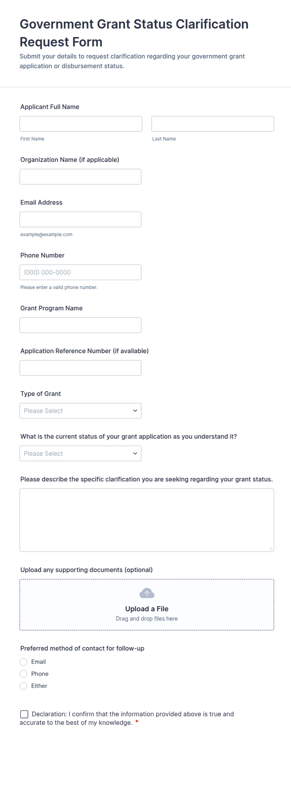 Government Grant Status Clarification Request Form Template | Jotform