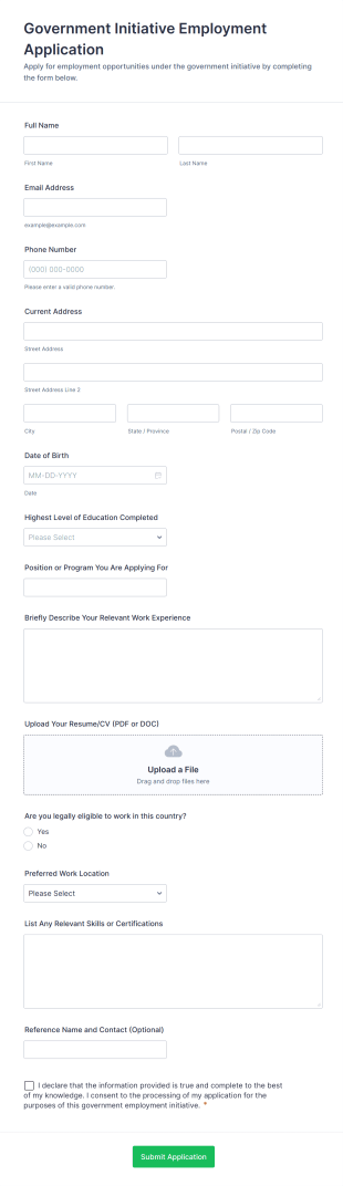 Government Initiative Employment Application Form Template