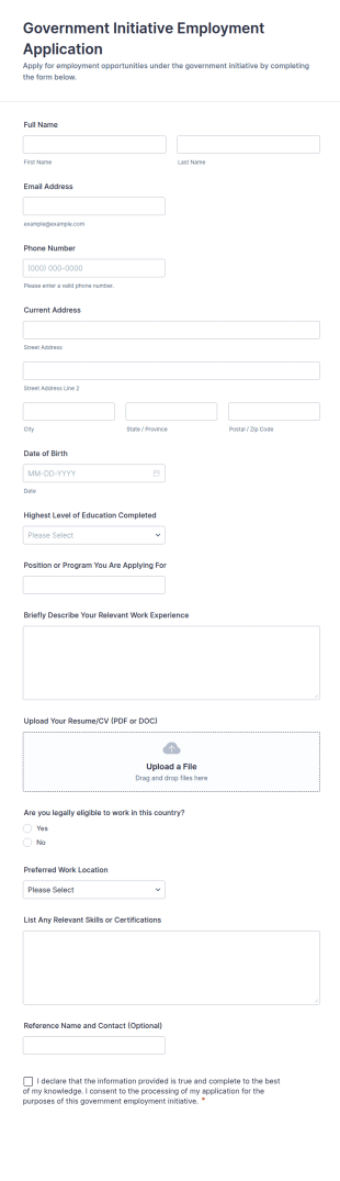 Government Initiative Employment Application Form Template
